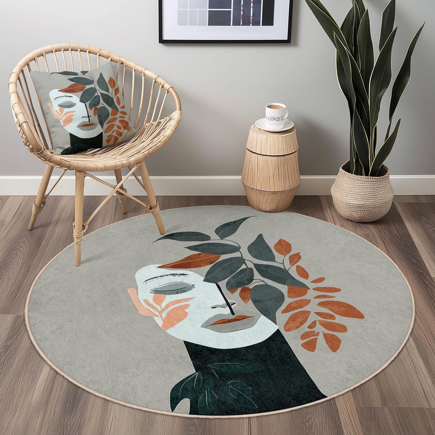 Botanical Face Round Rug | Modern Floral Design Area Carpet | Soft Home Decor for Living Room | Unique Round Mat