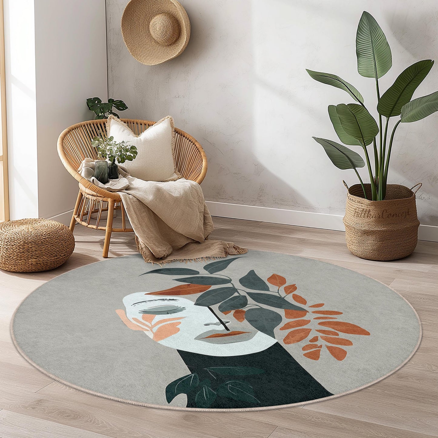Botanical Face Round Rug | Modern Floral Design Area Carpet | Soft Home Decor for Living Room | Unique Round Mat