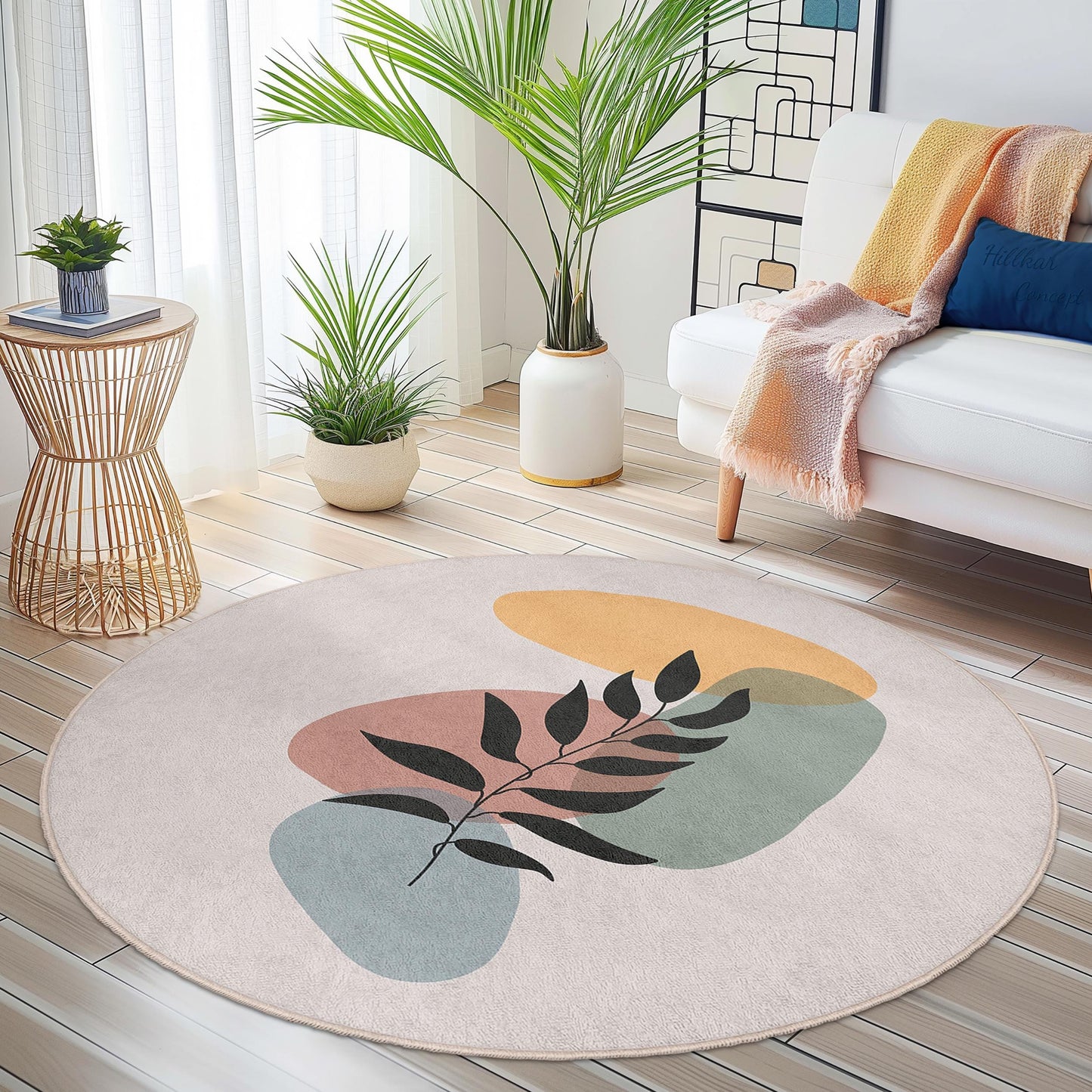 Abstract Leaf Round Rug | Stylish Circular Area Carpet | Modern Home Decor | Soft Cotton Non-Slip Mat