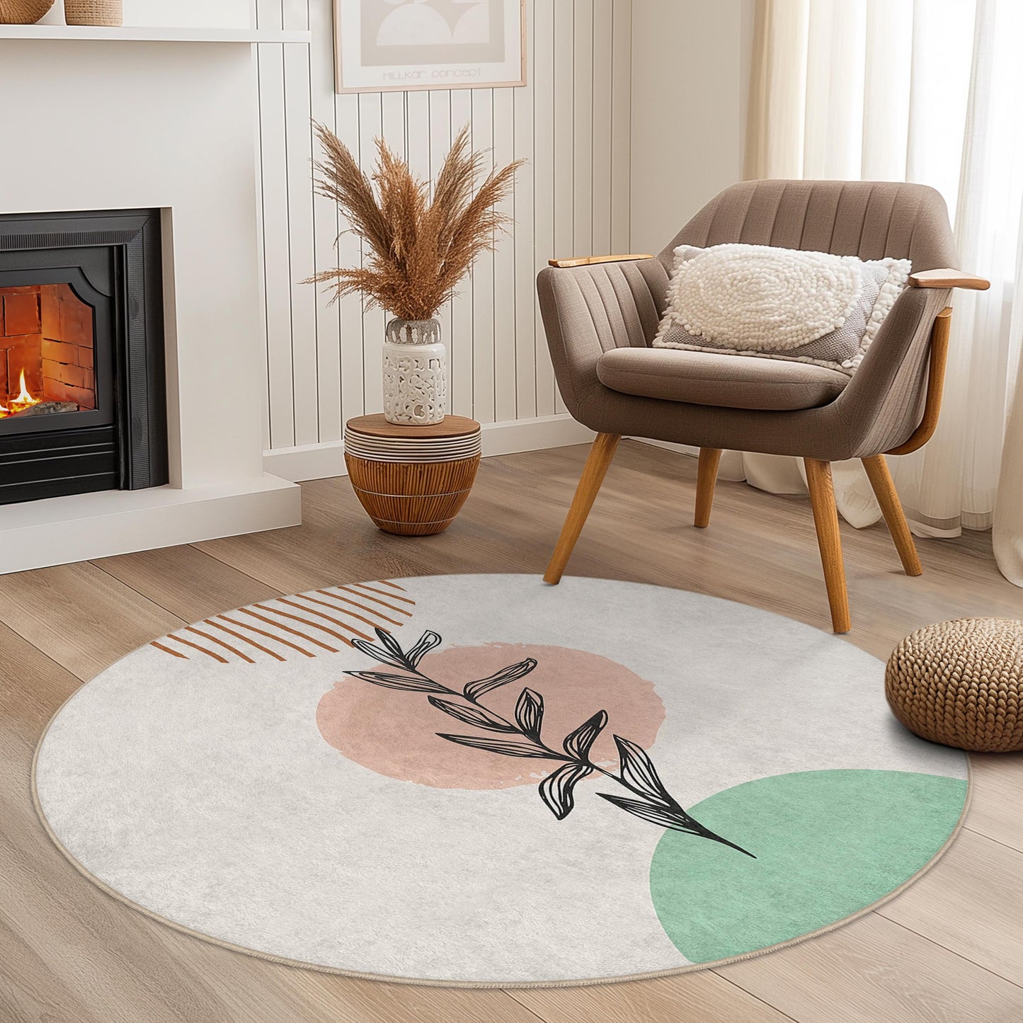 Abstract Botanical Round Area Rug | Modern Art Decor | Soft Cotton Washable Carpet for Living Room | Unique Home Accent