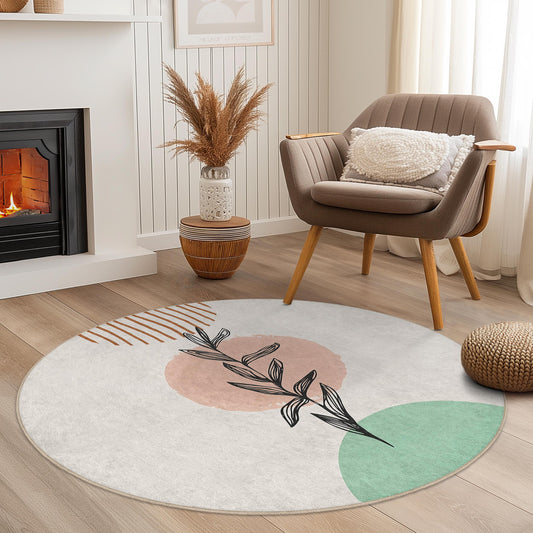 Abstract Botanical Round Area Rug | Modern Art Decor | Soft Cotton Washable Carpet for Living Room | Unique Home Accent