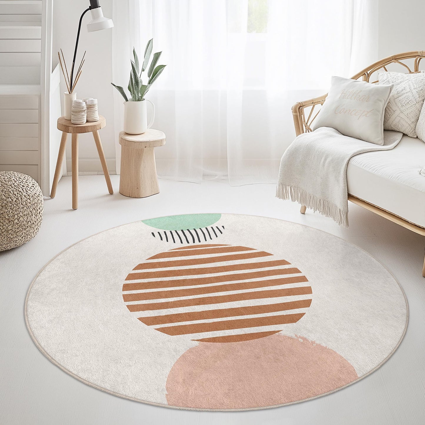 Abstract Geometric Round Area Rug | Modern Circular Carpet for Living Room | Soft Cotton Home Decor | Stylish Striped Design