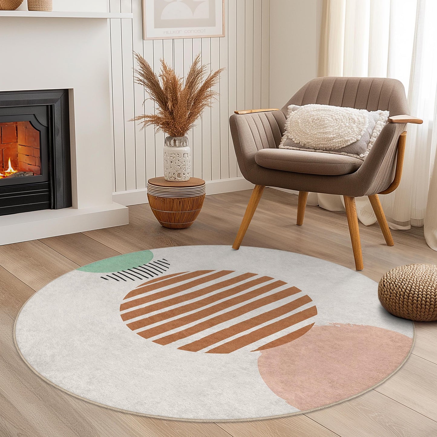 Abstract Geometric Round Area Rug | Modern Circular Carpet for Living Room | Soft Cotton Home Decor | Stylish Striped Design