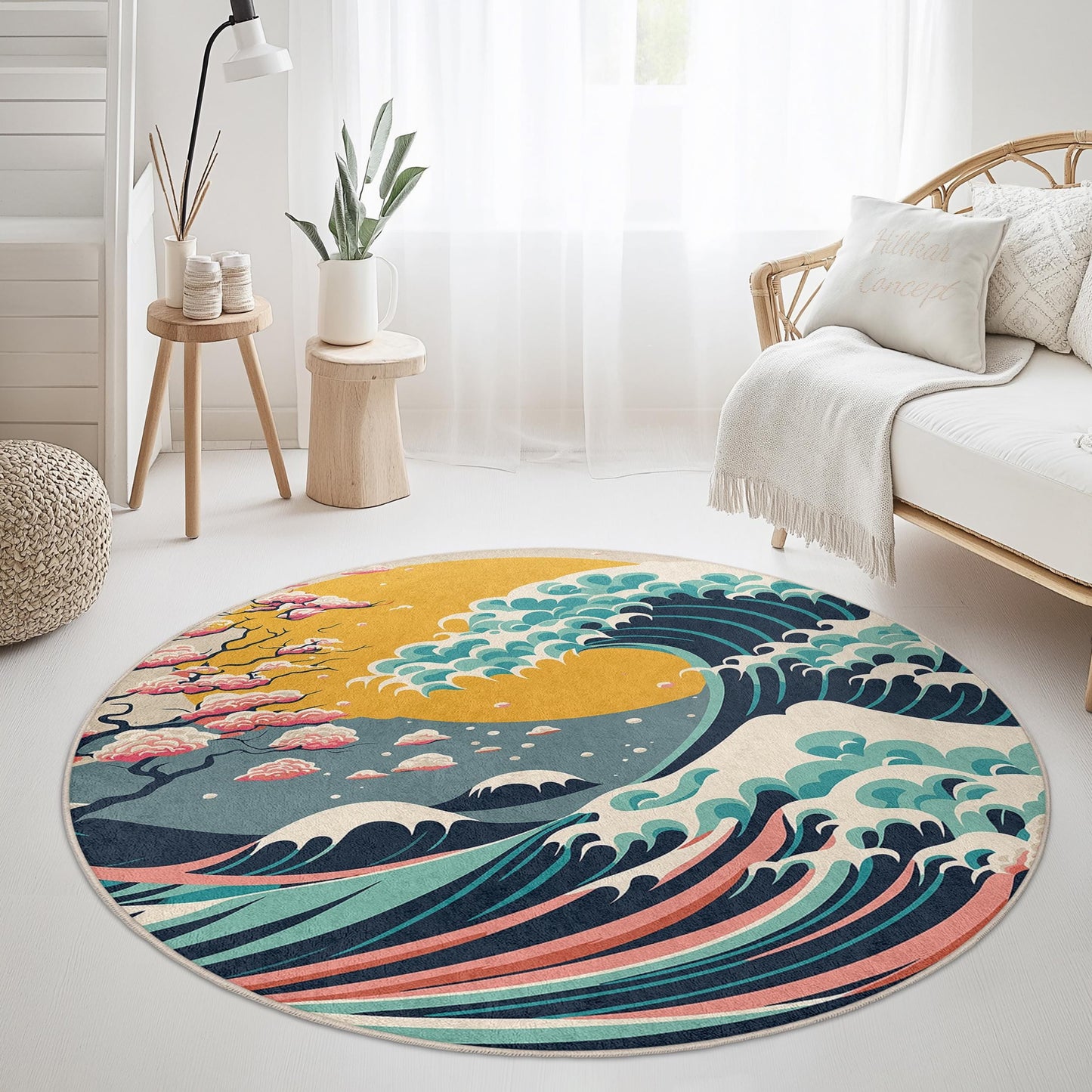 Waves and Cherry Blossoms Round Rug | Japanese Art Inspired Carpet | Coastal Home Decor | Soft Washable Area Rug