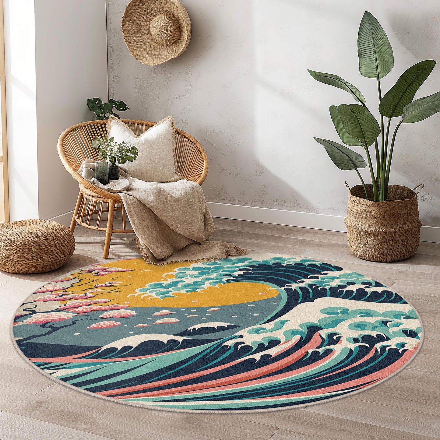 Waves and Cherry Blossoms Round Rug | Japanese Art Inspired Carpet | Coastal Home Decor | Soft Washable Area Rug