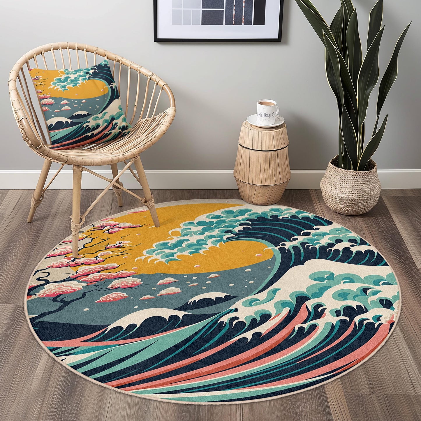 Waves and Cherry Blossoms Round Rug | Japanese Art Inspired Carpet | Coastal Home Decor | Soft Washable Area Rug