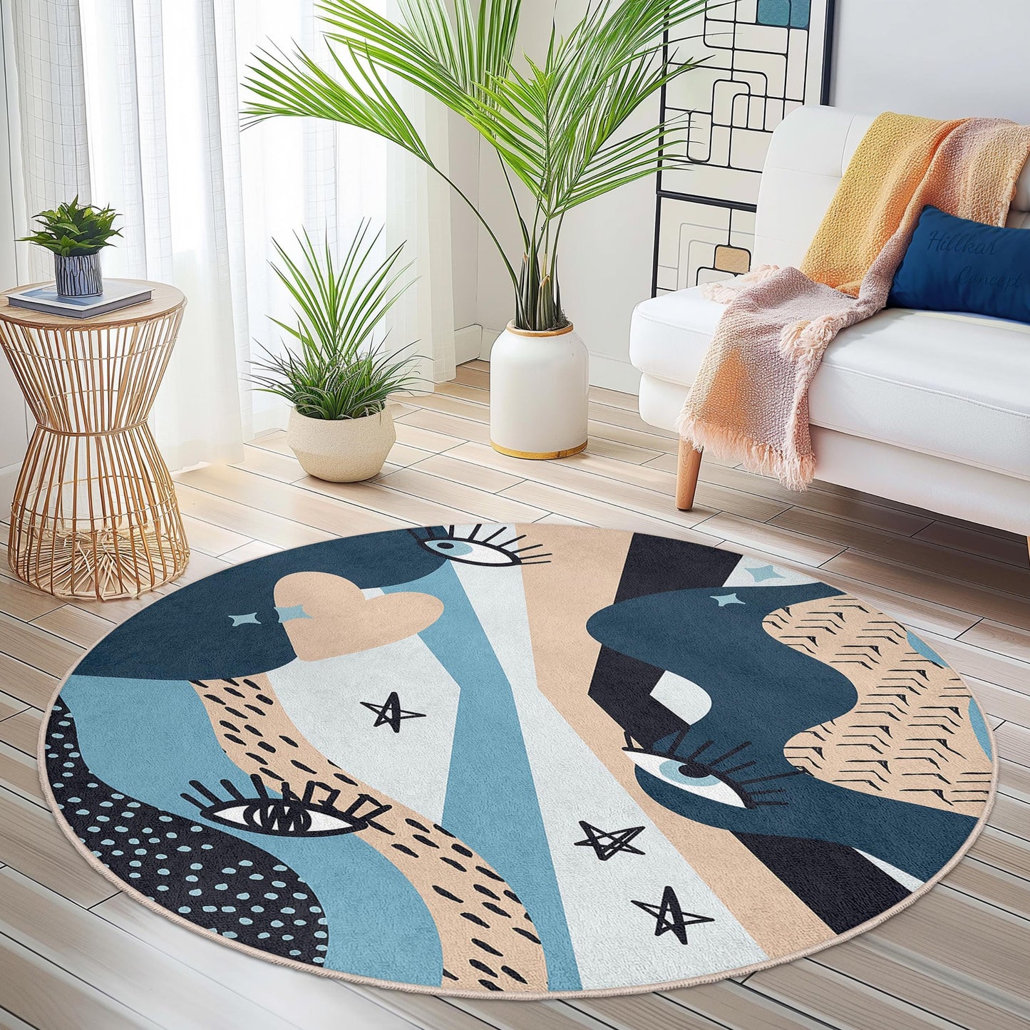 Abstract Eye Pattern Round Rug | Stylish Bohemian Floor Mat | Soft Cotton Carpet for Living Room | Unique Home Dcor