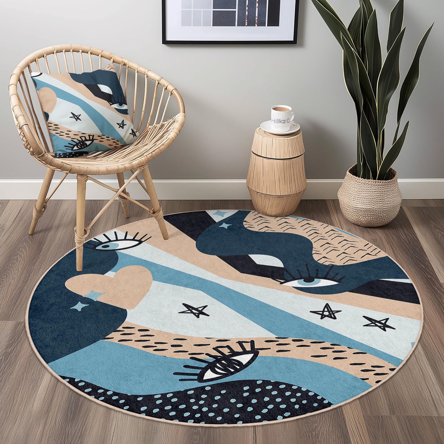 Abstract Eye Pattern Round Rug | Stylish Bohemian Floor Mat | Soft Cotton Carpet for Living Room | Unique Home Dcor