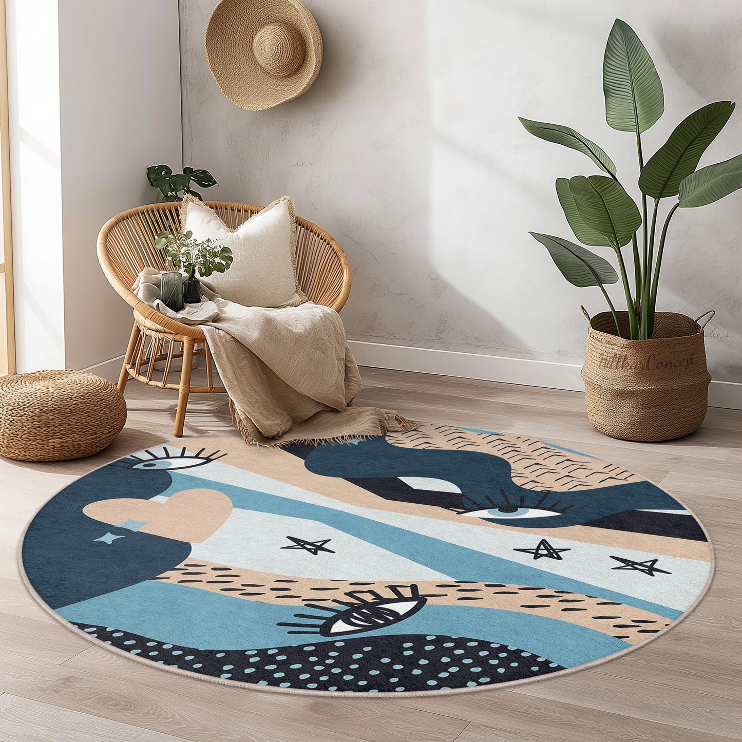 Abstract Eye Pattern Round Rug | Stylish Bohemian Floor Mat | Soft Cotton Carpet for Living Room | Unique Home Dcor