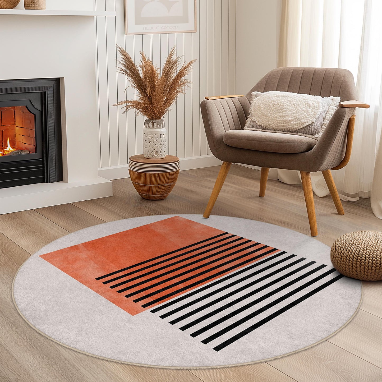 Abstract Coral Striped Round Rug | Soft Cotton Carpet for Living Room | Modern Home Decor | Stylish Circular Area Mat