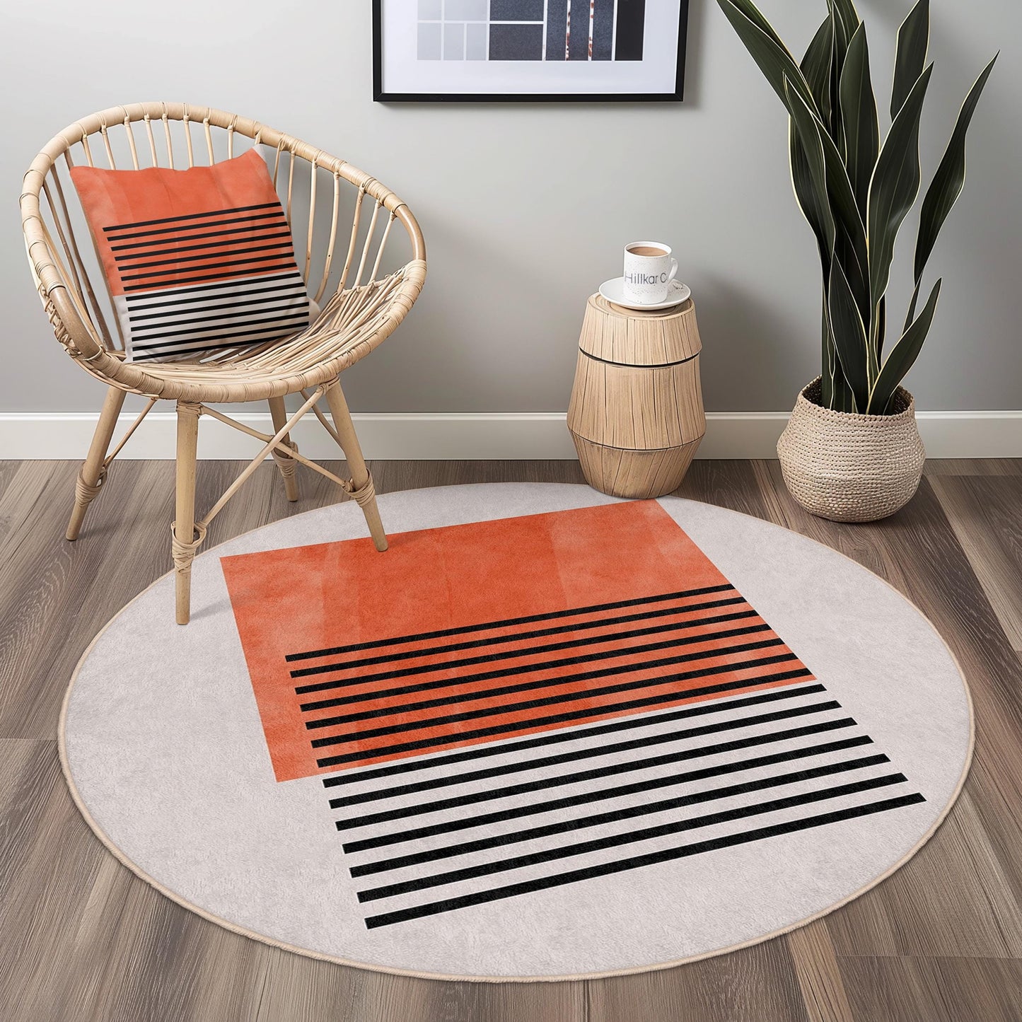 Abstract Coral Striped Round Rug | Soft Cotton Carpet for Living Room | Modern Home Decor | Stylish Circular Area Mat