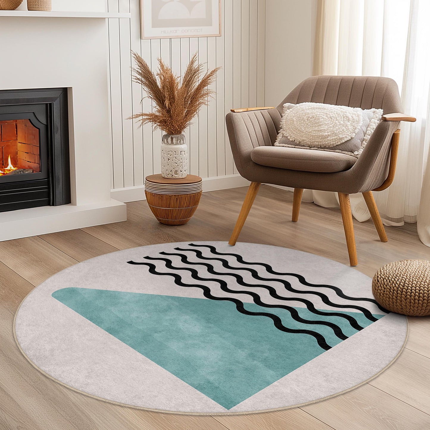 Abstract Waves Round Washable Area Rug | Modern Geometric Soft Carpet | Stylish Home Decor | Trendy Living Room Mat