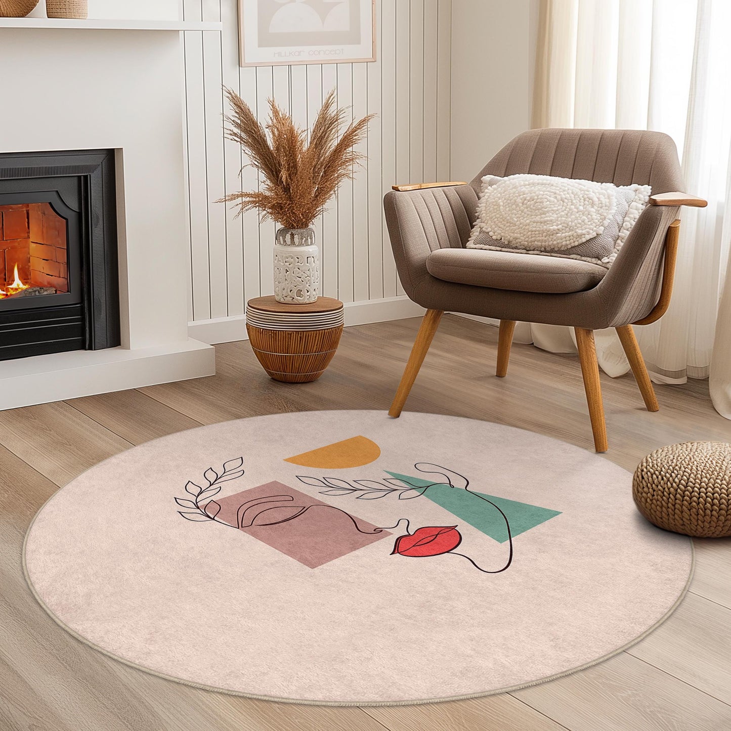 Abstract Line Art Round Rug | Minimalist Boho Decor for Living Room | Stylish Area Carpet | Modern Home Accessories