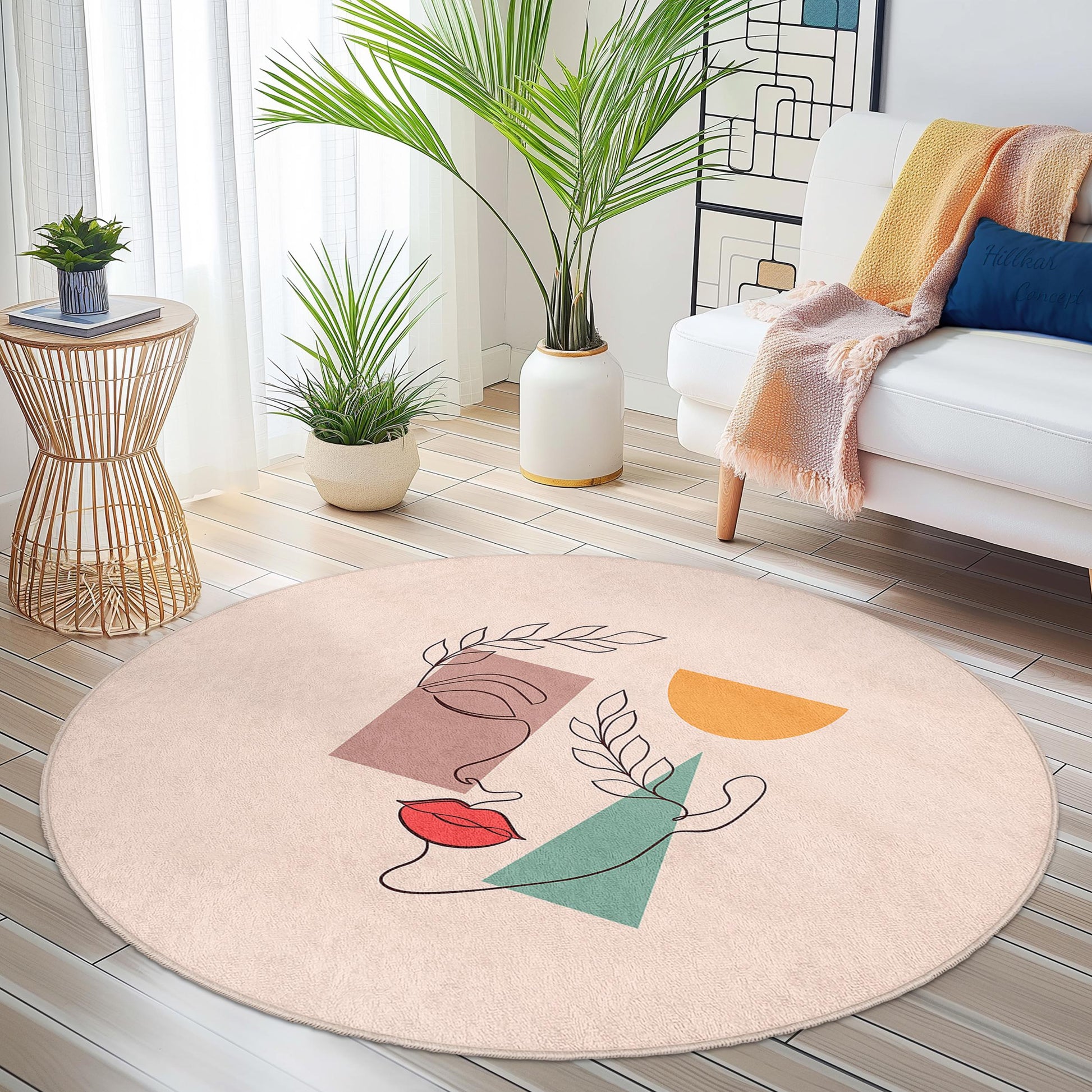 Abstract Line Art Round Rug | Minimalist Boho Decor for Living Room | Stylish Area Carpet | Modern Home Accessories