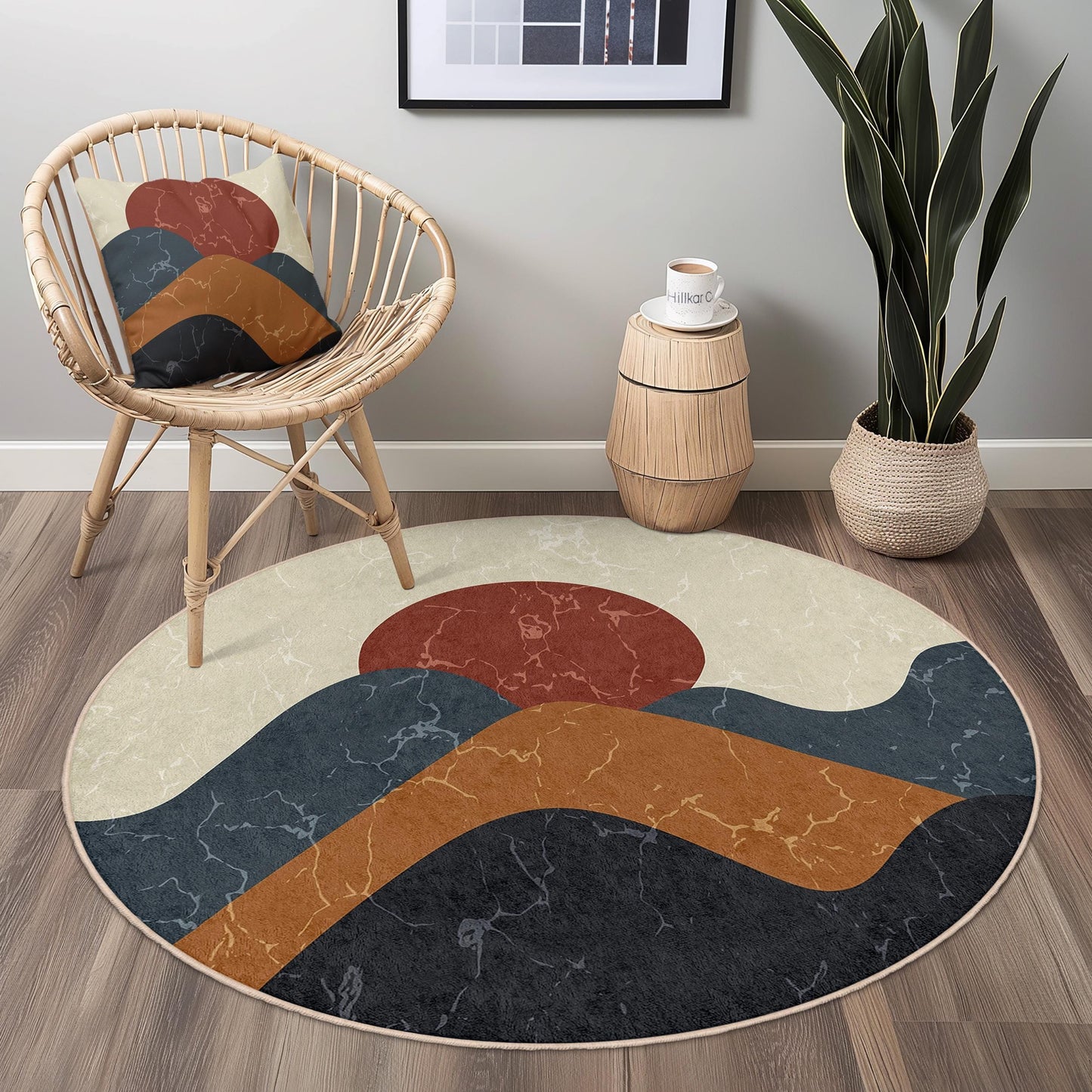 Abstract Mountain Round Rug | Modern Bohemian Home Decor | Soft Cotton Area Carpet | Stylish Living Room Mat