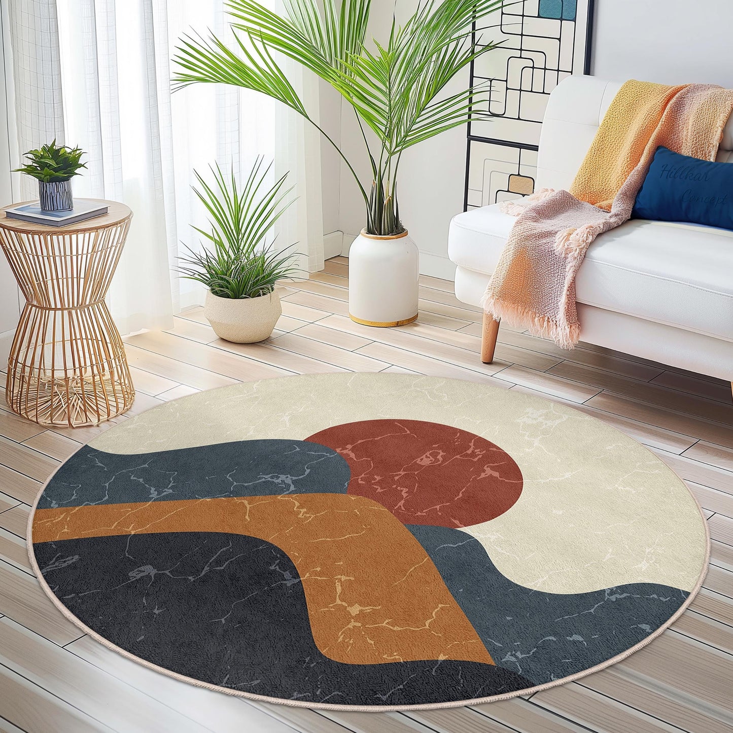 Abstract Mountain Round Rug | Modern Bohemian Home Decor | Soft Cotton Area Carpet | Stylish Living Room Mat