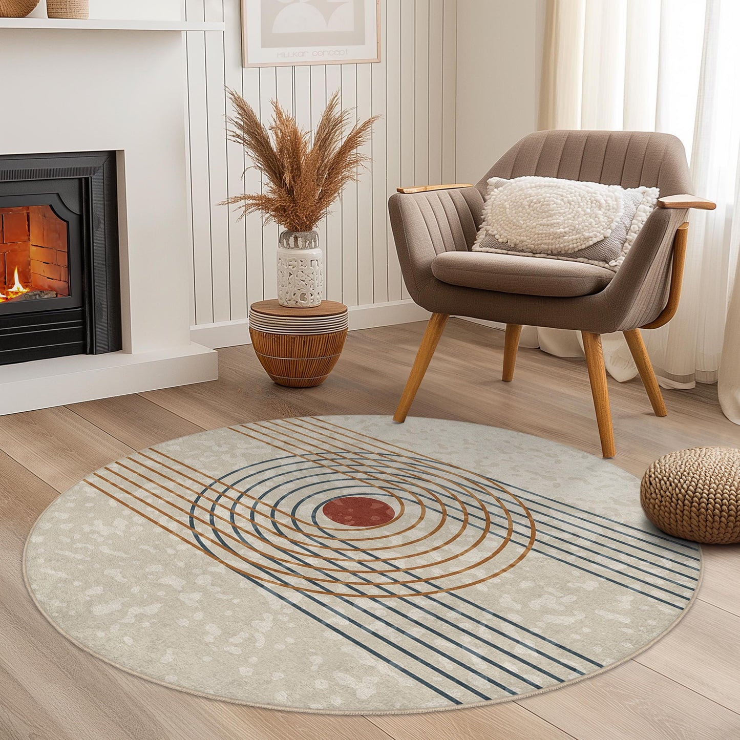 Geometric Circle Pattern Washable Round Rug | Modern Home Decor | Soft Area Carpet for Living Room | Stylish Boho Accent Rug