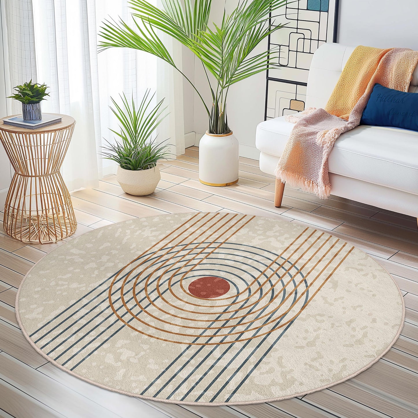 Geometric Circle Pattern Washable Round Rug | Modern Home Decor | Soft Area Carpet for Living Room | Stylish Boho Accent Rug