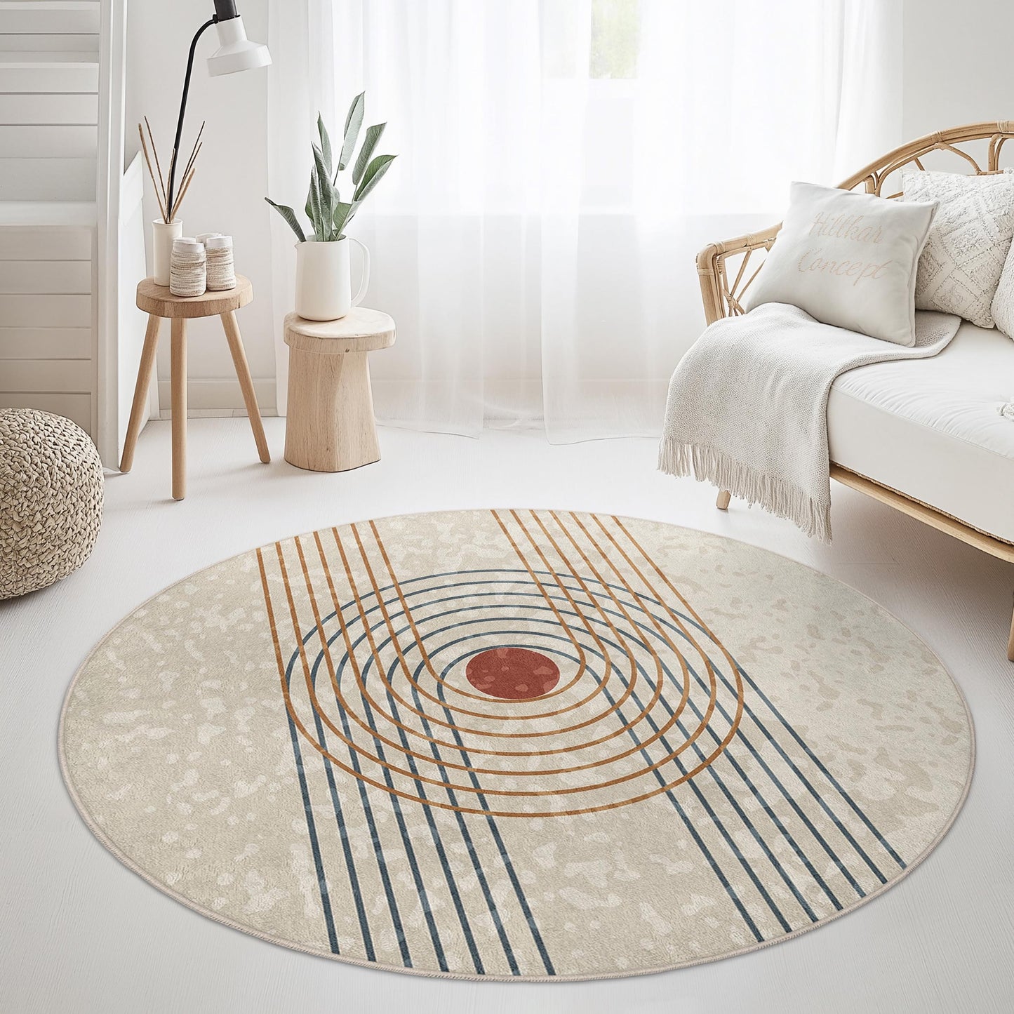 Geometric Circle Pattern Washable Round Rug | Modern Home Decor | Soft Area Carpet for Living Room | Stylish Boho Accent Rug