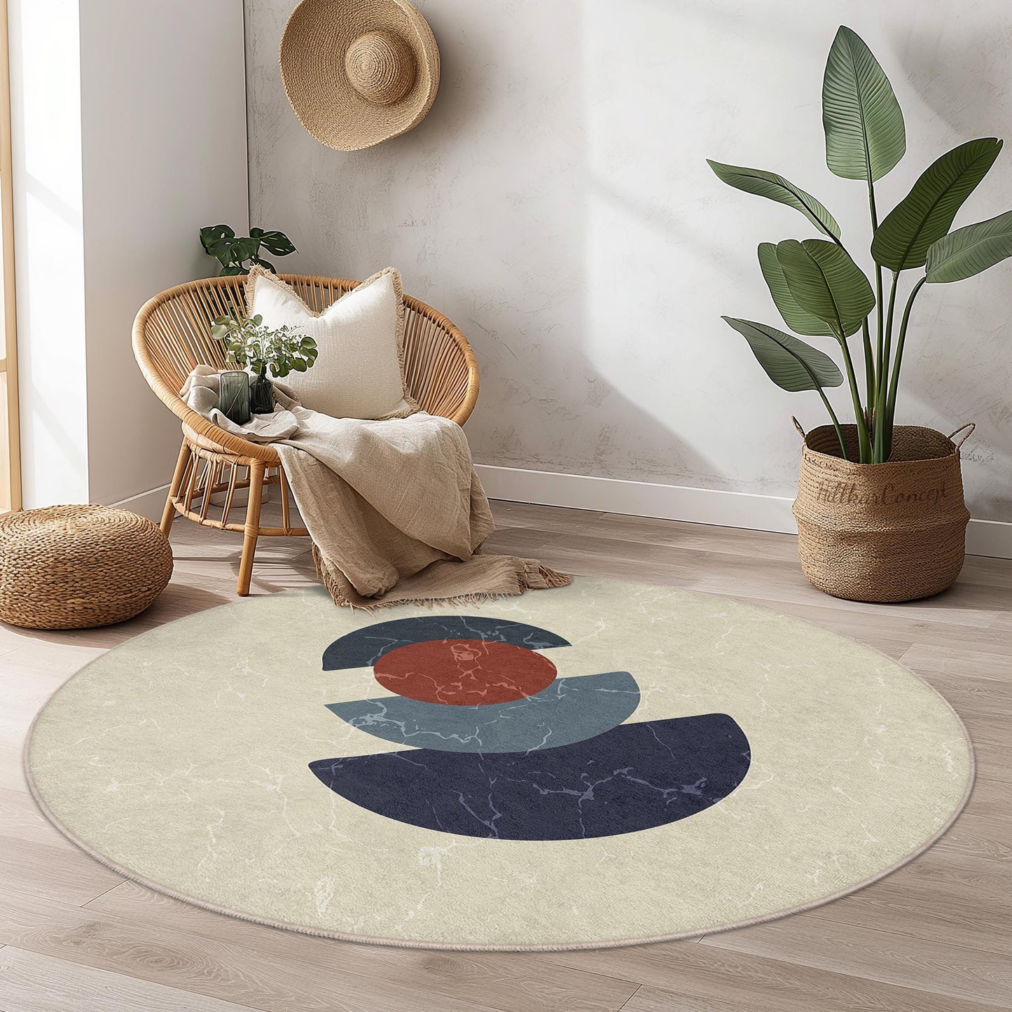 Abstract Geometric Round Area Rug | Modern Art Decor | Soft Cotton Floor Mat | Stylish Living Room Carpet