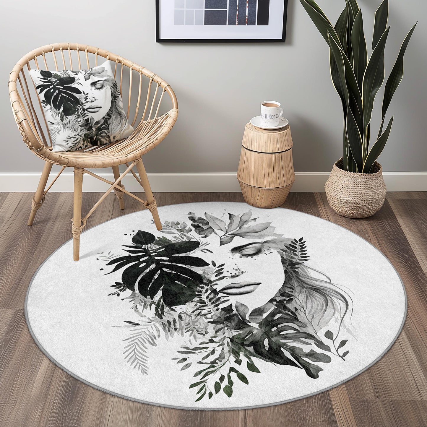 Floral Face Design Round Washable Area Rug | Botanical Art Carpet | Stylish Home Decor | Unique Round Floor Mat