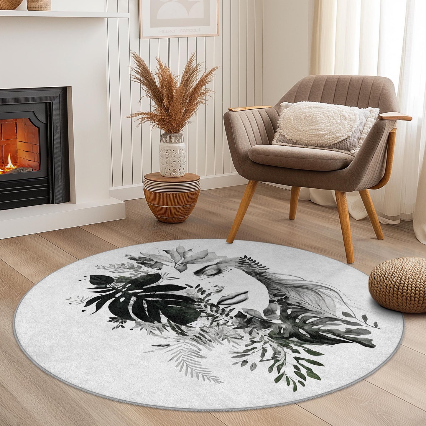 Floral Face Design Round Washable Area Rug | Botanical Art Carpet | Stylish Home Decor | Unique Round Floor Mat