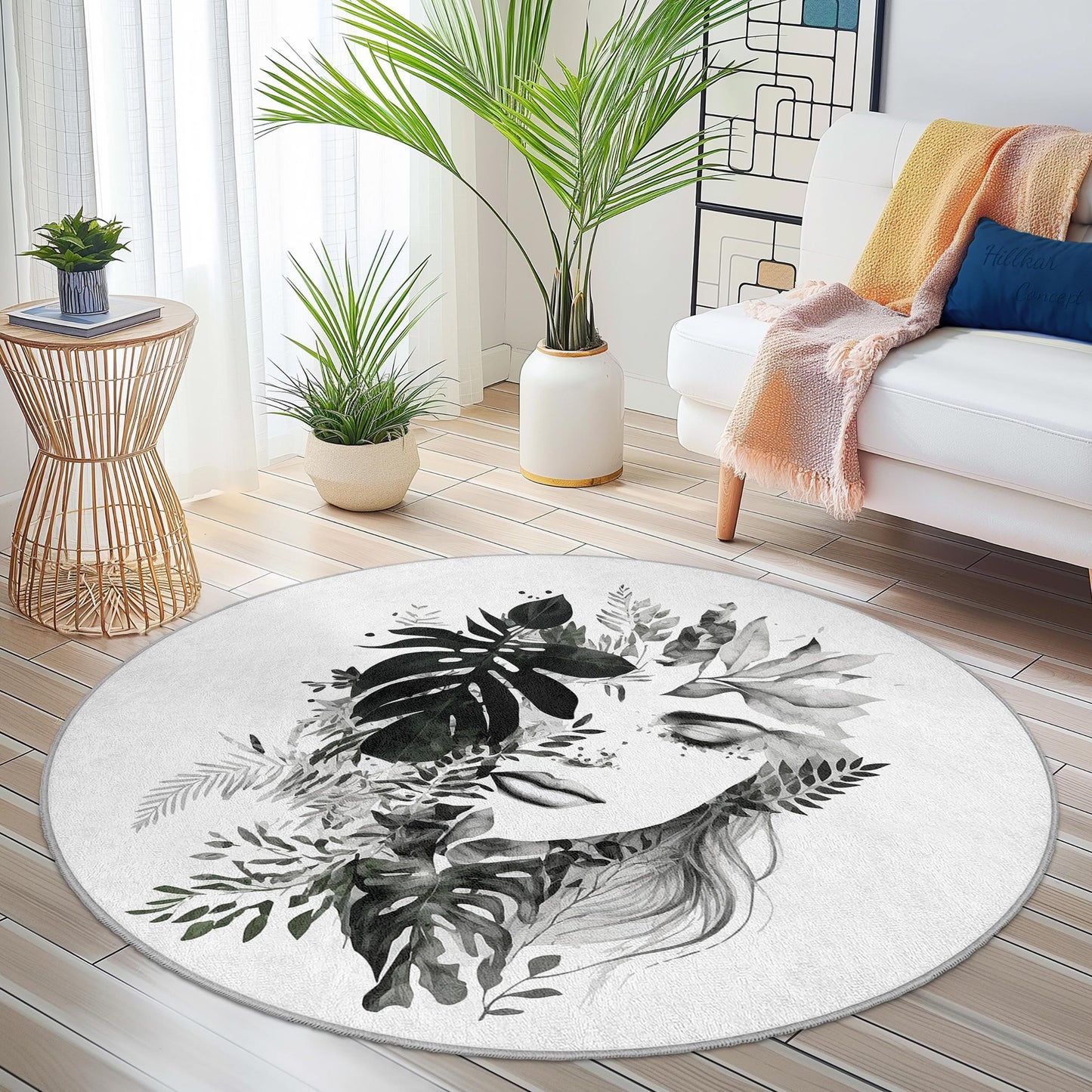 Floral Face Design Round Washable Area Rug | Botanical Art Carpet | Stylish Home Decor | Unique Round Floor Mat