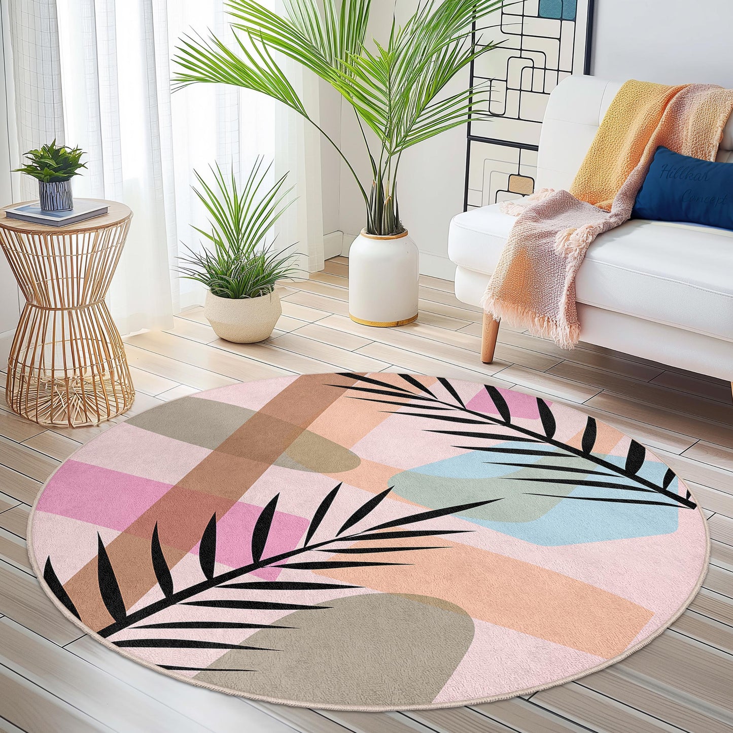 Abstract Leaf Design Round Area Rug | Soft Cotton Circle Carpet | Stylish Home Decor | Unique Boho Living Room Rug