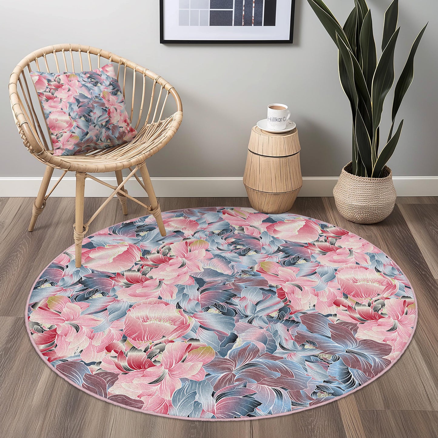 Floral Round Area Rug | Soft Cotton Carpet for Living Room | Elegant Flower Design Mat | Washable and Non-Slip Home Decor