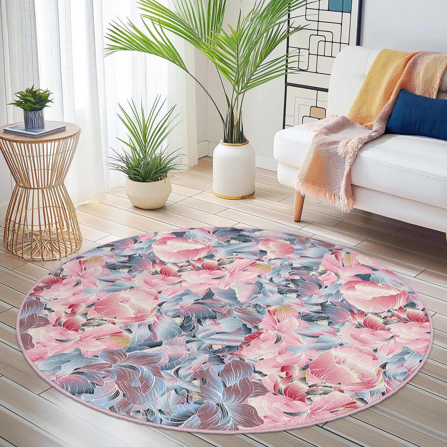 Floral Round Area Rug | Soft Cotton Carpet for Living Room | Elegant Flower Design Mat | Washable and Non-Slip Home Decor