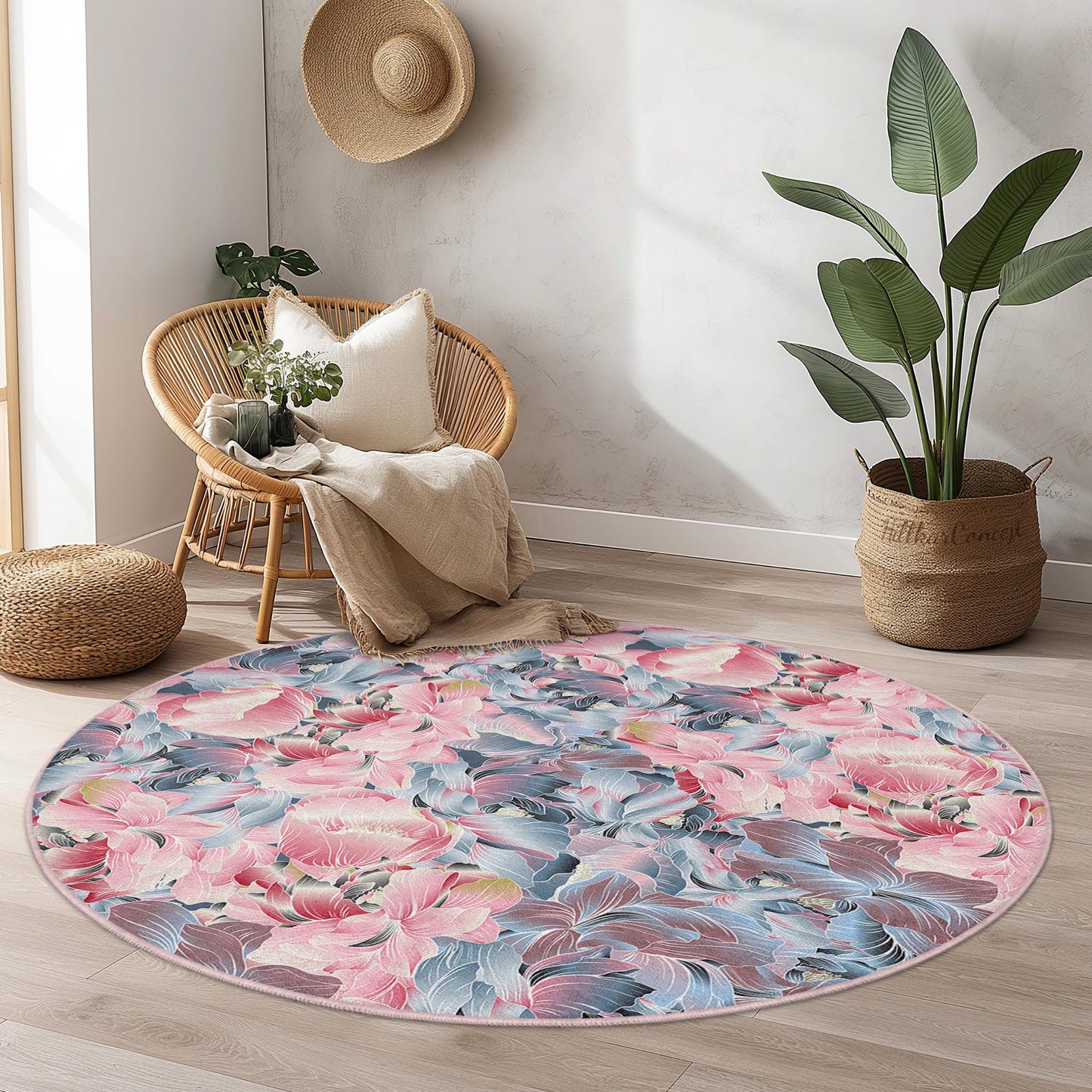 Floral Round Area Rug | Soft Cotton Carpet for Living Room | Elegant Flower Design Mat | Washable and Non-Slip Home Decor