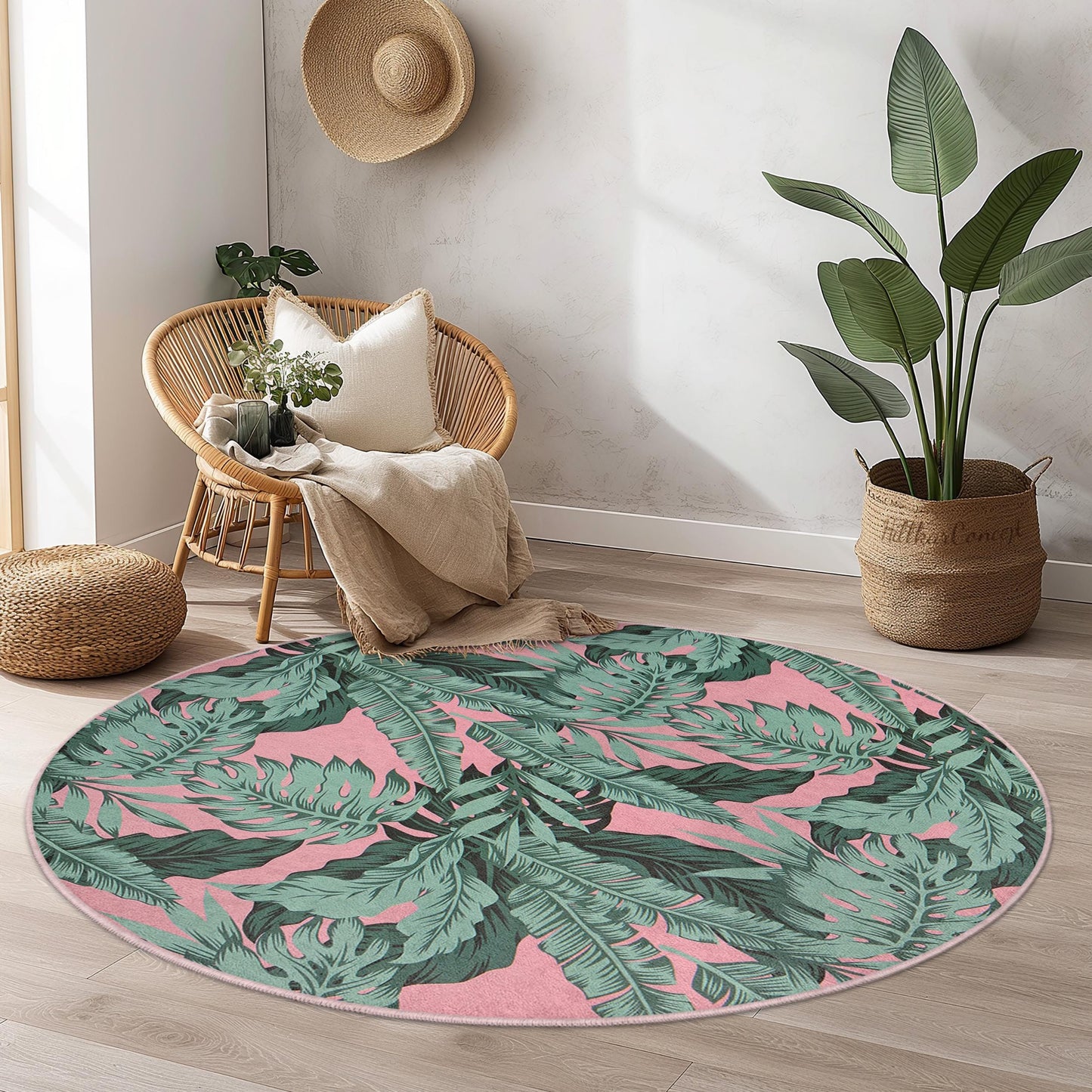 Tropical Leaves Round Area Rug | Soft Cotton Carpet for Living Room | Stylish Home Decor | Machine Washable Floor Mat