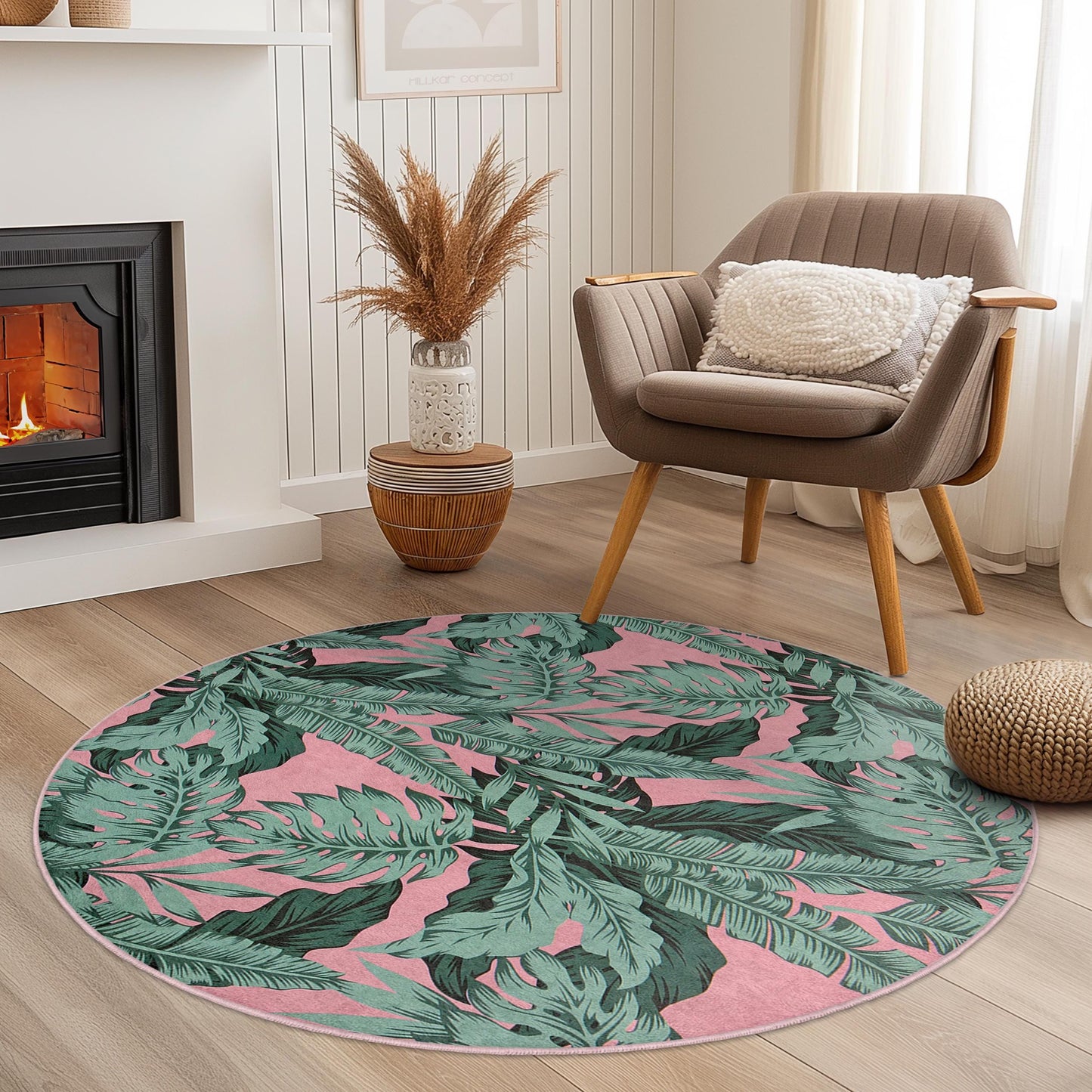 Tropical Leaves Round Area Rug | Soft Cotton Carpet for Living Room | Stylish Home Decor | Machine Washable Floor Mat