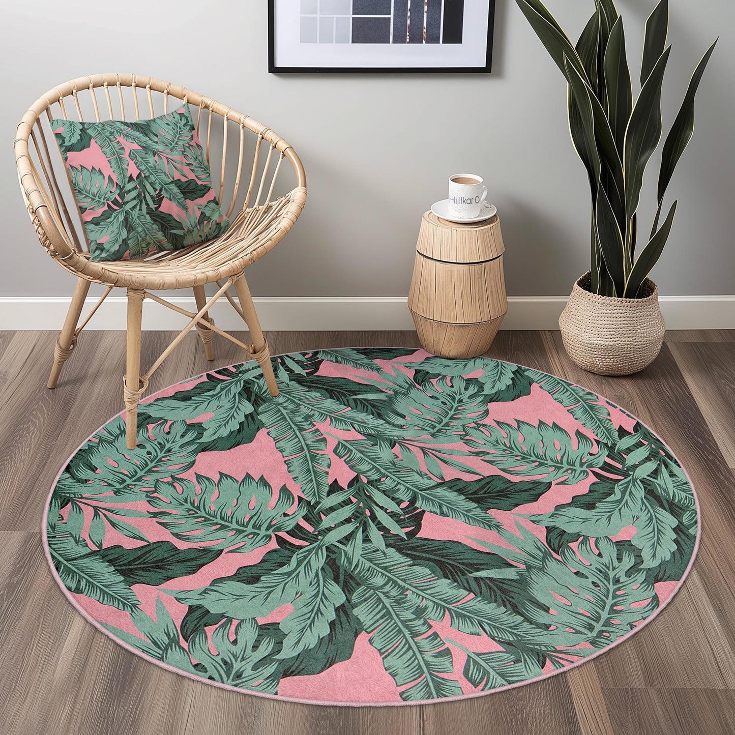 Tropical Leaves Round Area Rug | Soft Cotton Carpet for Living Room | Stylish Home Decor | Machine Washable Floor Mat