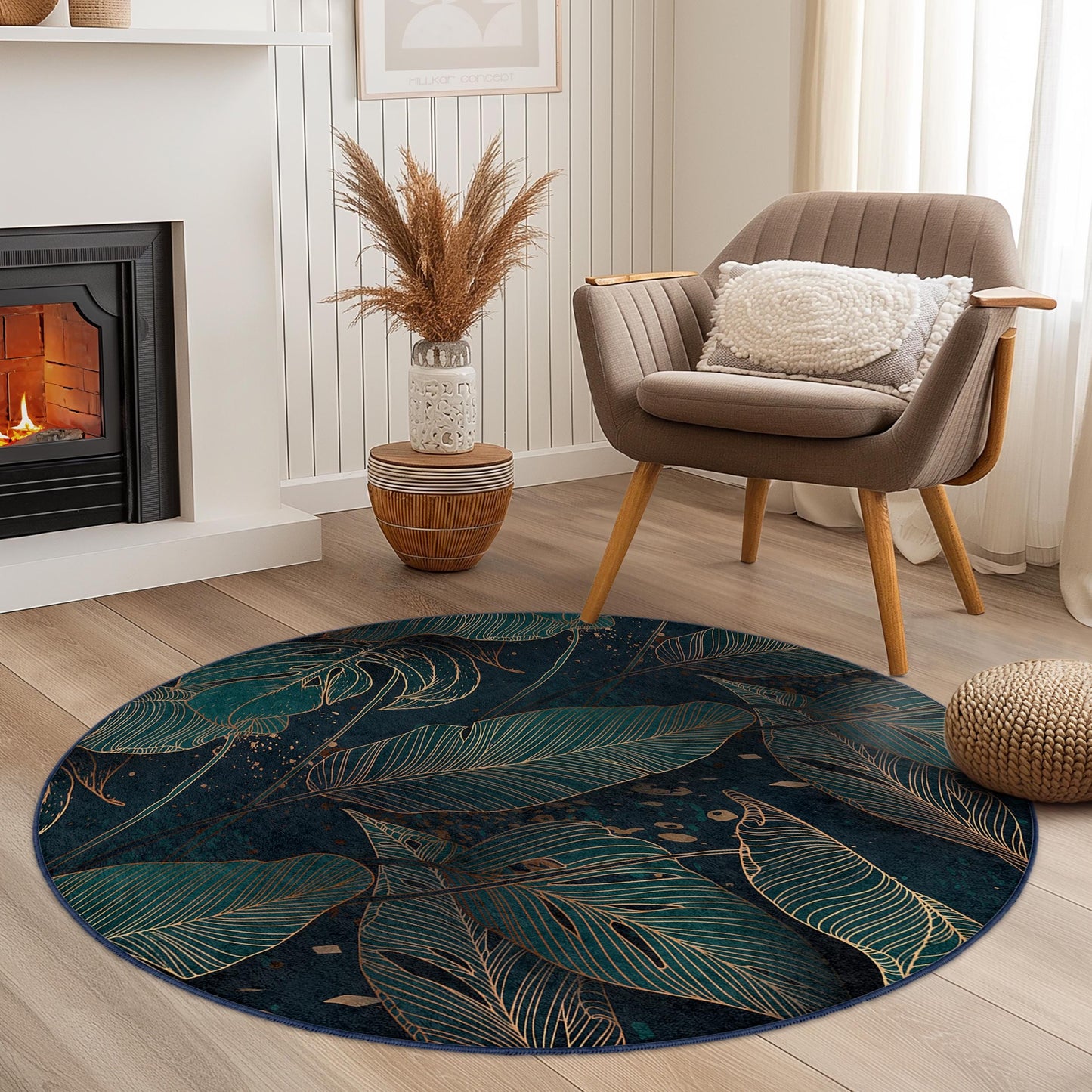 Elegant Leaf Print Round Area Rug | Tropical Green and Gold Decor | Soft Cotton Living Room Mat | Stylish Home Carpet