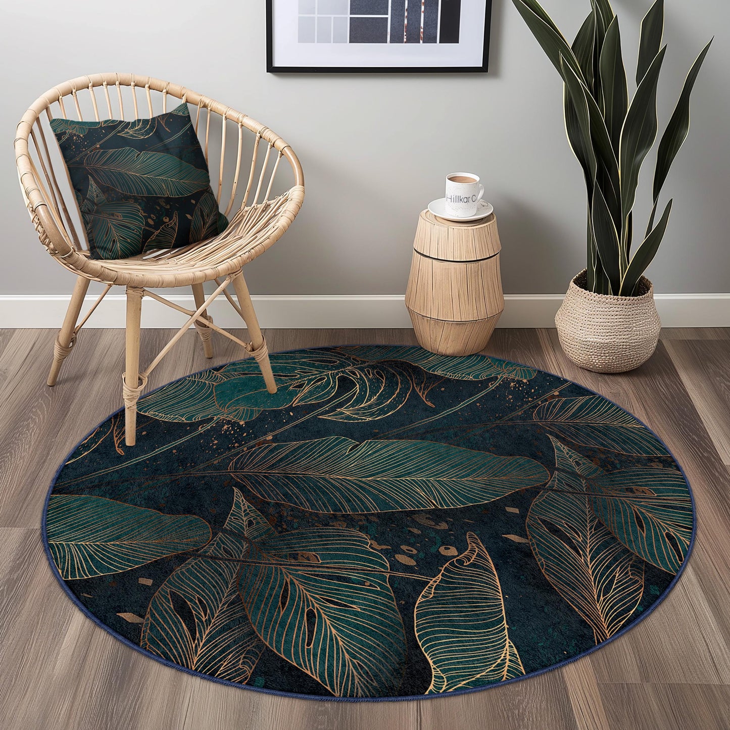 Elegant Leaf Print Round Area Rug | Tropical Green and Gold Decor | Soft Cotton Living Room Mat | Stylish Home Carpet