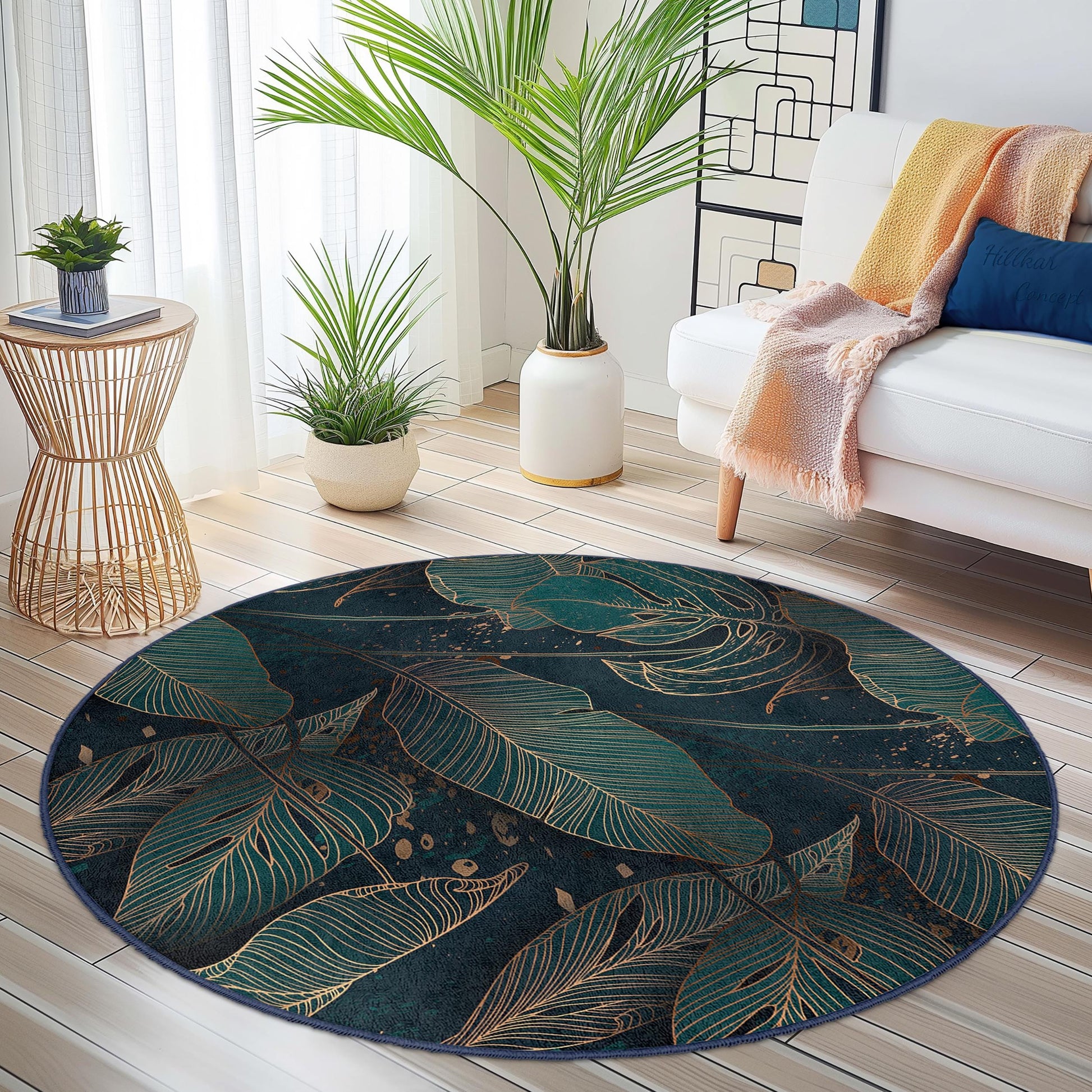 Elegant Leaf Print Round Area Rug | Tropical Green and Gold Decor | Soft Cotton Living Room Mat | Stylish Home Carpet