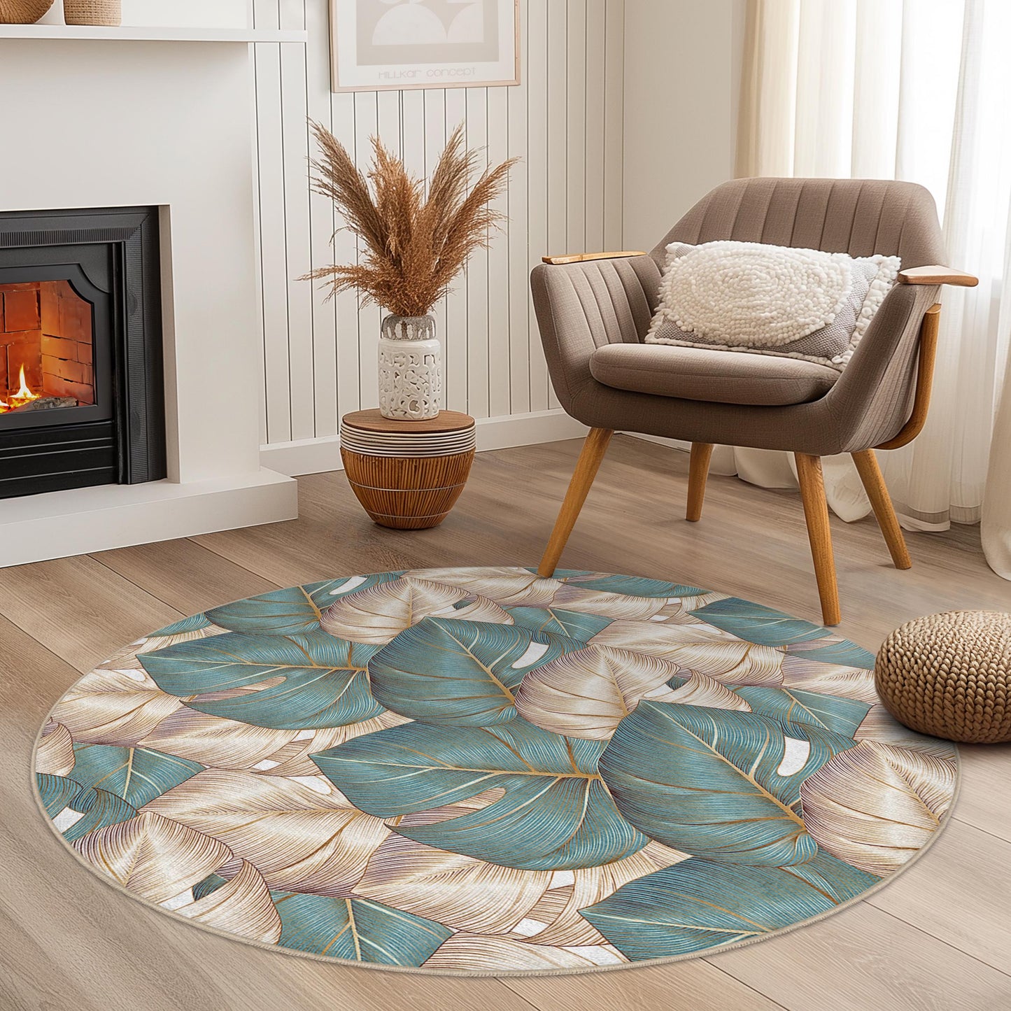 Tropical Leaves Round Area Rug | Soft Cotton Floor Mat | Stylish Home Decor | Ideal for Living Room and Bedroom