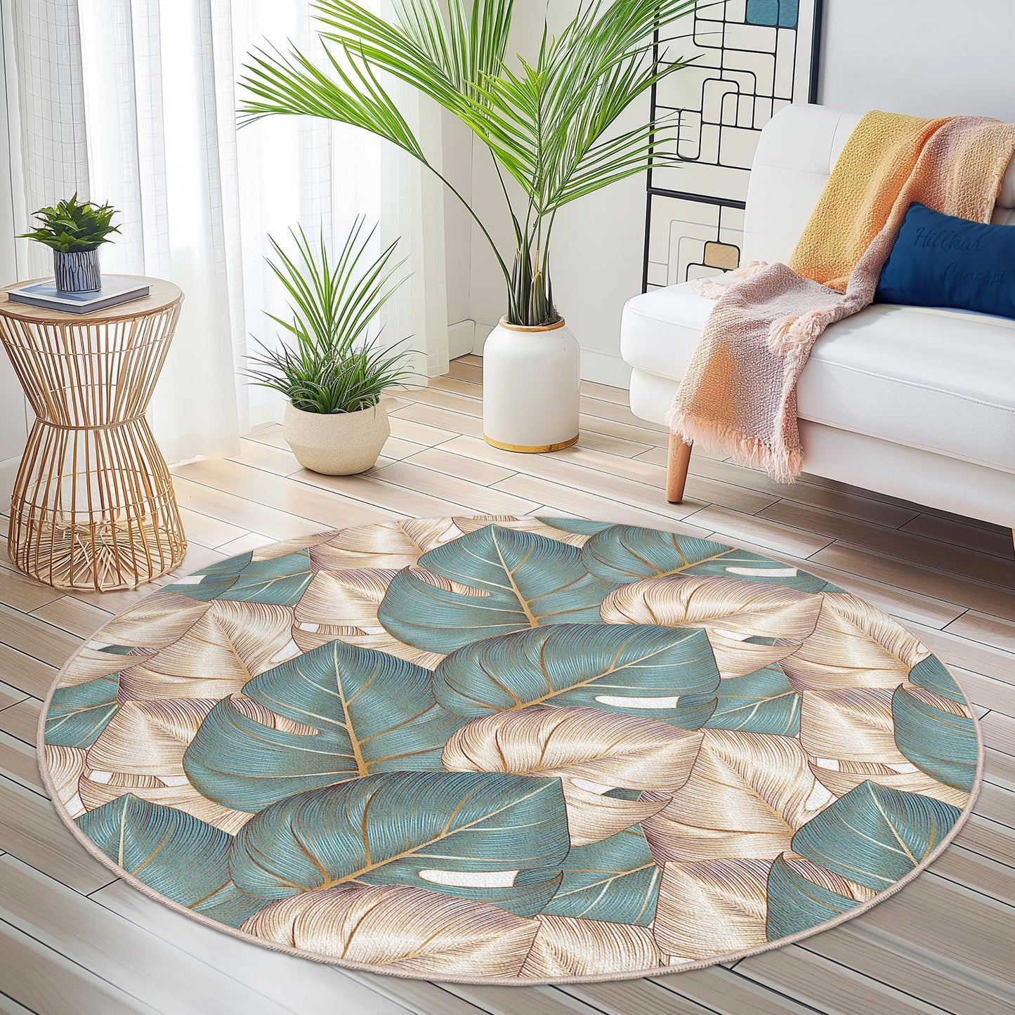 Tropical Leaves Round Area Rug | Soft Cotton Floor Mat | Stylish Home Decor | Ideal for Living Room and Bedroom