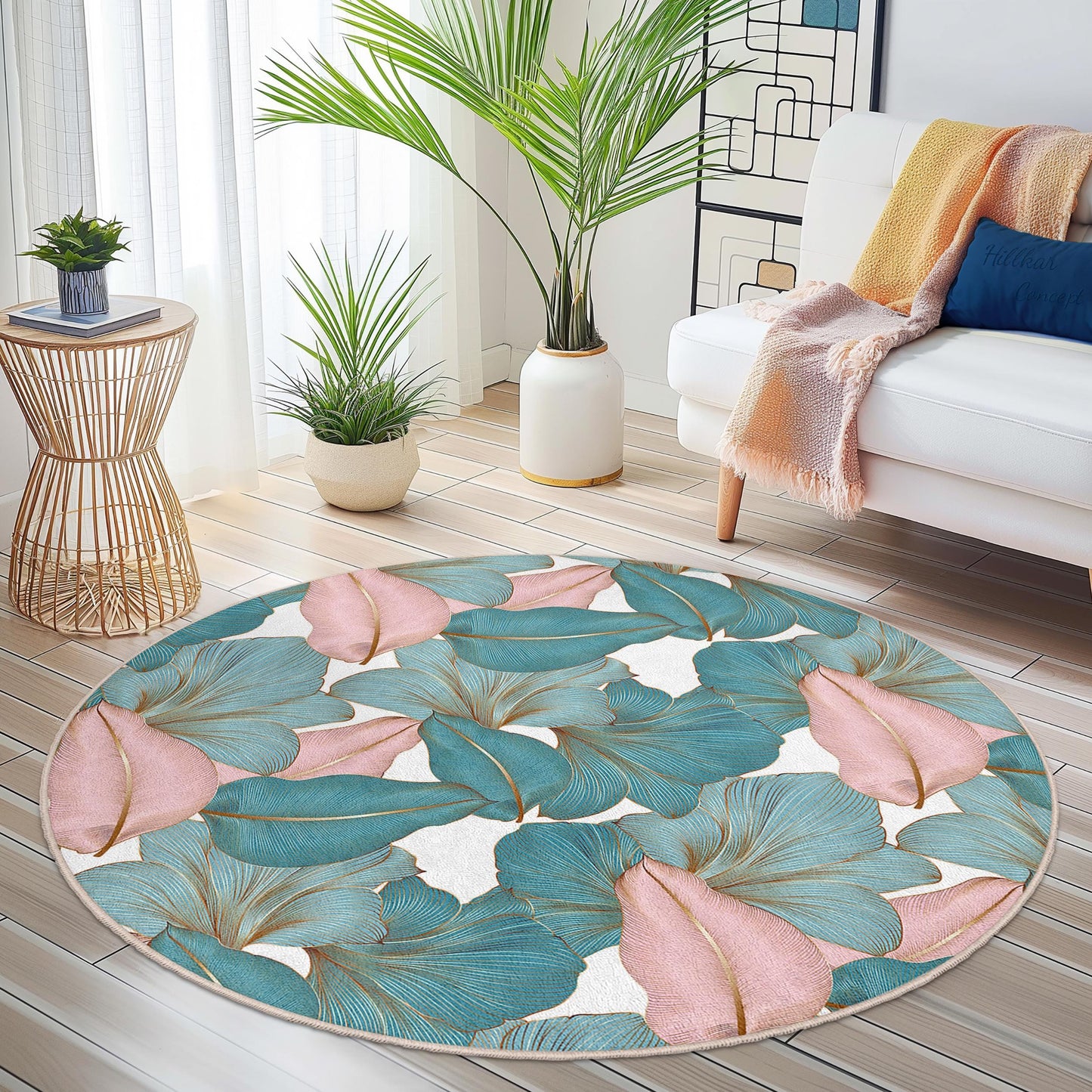 Floral Design Round Area Rug | Tropical Leaf Pattern Carpet | Soft Cotton Living Room Mat | Stylish Home Decor Accent