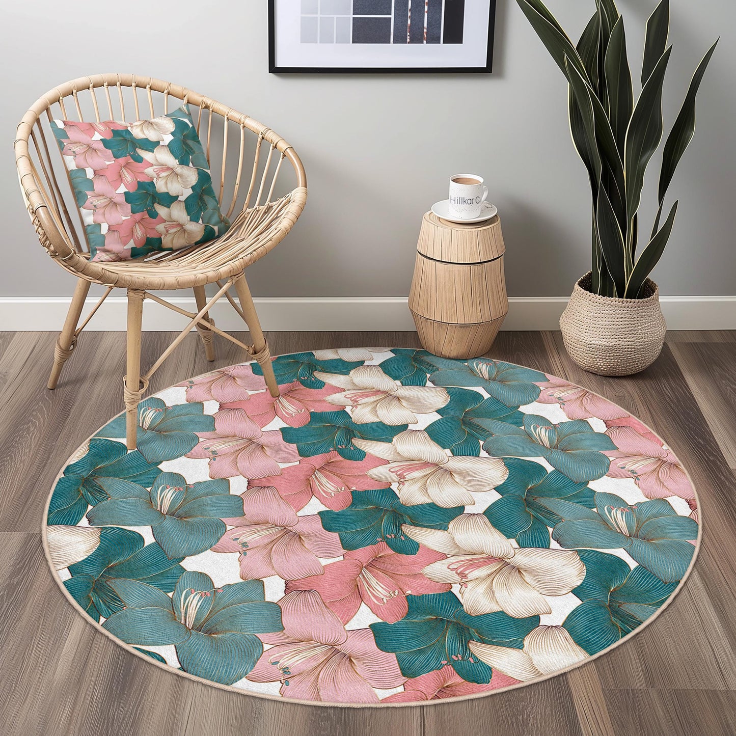 Floral Themed Round Area Rug | Elegant Flower Print Carpet | Soft Cotton Floral Mat for Living Room and Bedroom