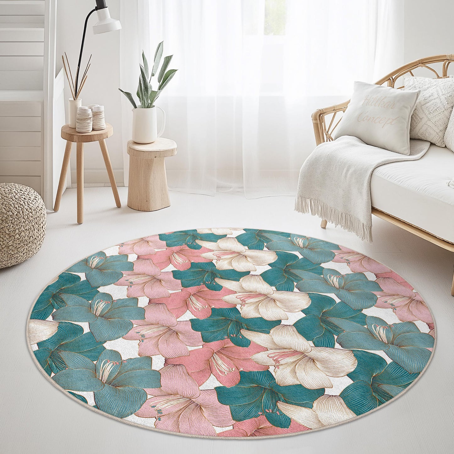 Floral Themed Round Area Rug | Elegant Flower Print Carpet | Soft Cotton Floral Mat for Living Room and Bedroom