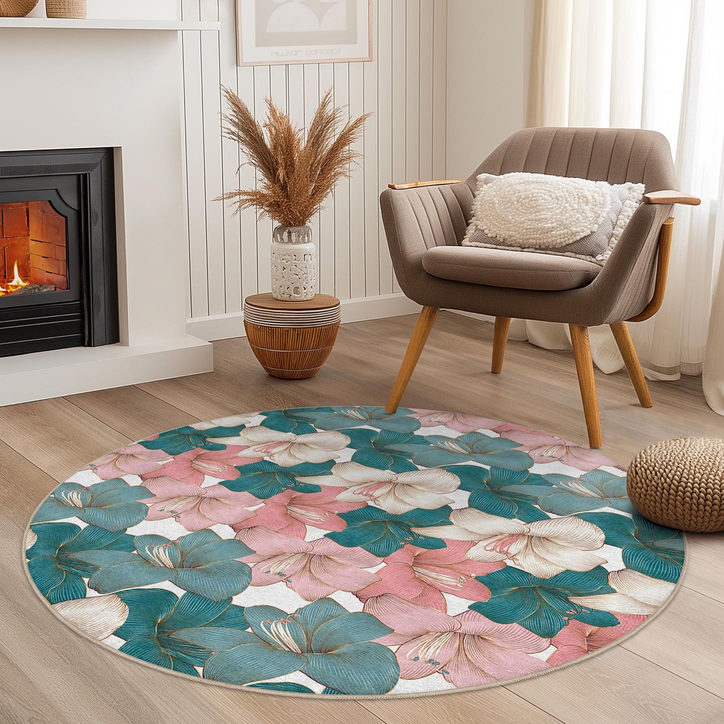 Floral Themed Round Area Rug | Elegant Flower Print Carpet | Soft Cotton Floral Mat for Living Room and Bedroom