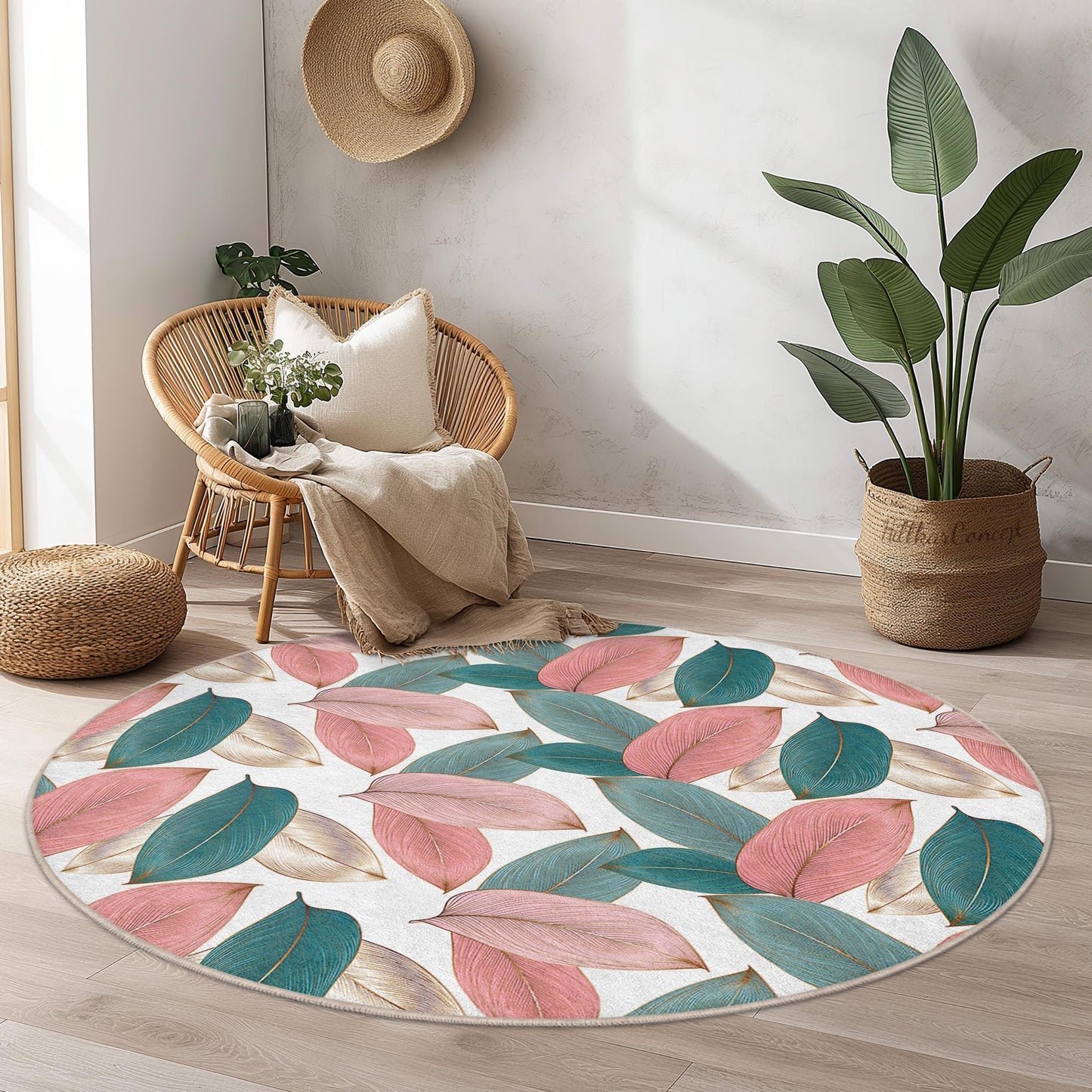 Elegant Leaf Print Round Area Rug | Soft Cotton Floral Carpet | Bohemian Home Decor | Stylish Round Mat for Living Room
