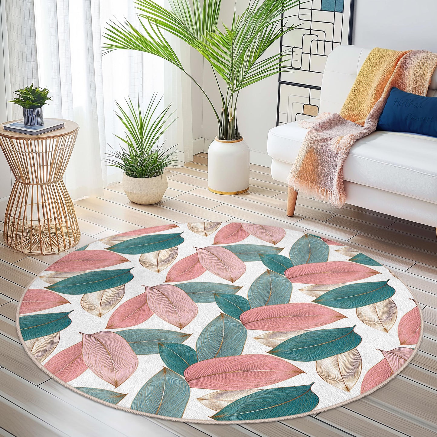 Elegant Leaf Print Round Area Rug | Soft Cotton Floral Carpet | Bohemian Home Decor | Stylish Round Mat for Living Room