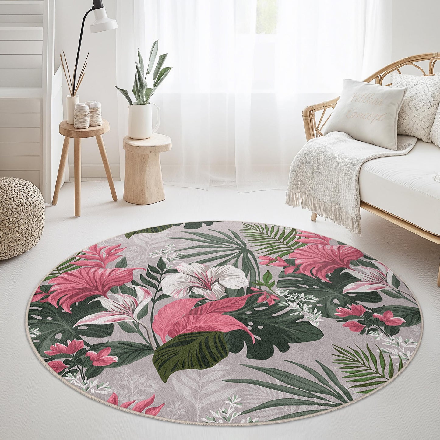 Tropical Floral Round Area Rug | Soft Cotton Home Decor | Non-Slip Indoor Mat | Vibrant Botanical Carpet for Living Room