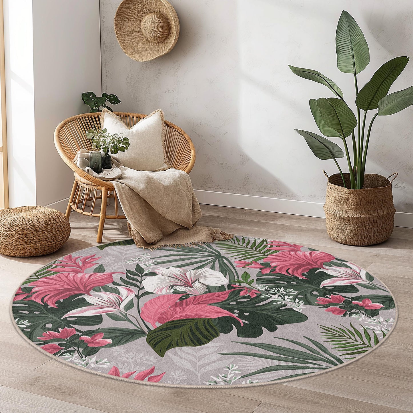 Tropical Floral Round Area Rug | Soft Cotton Home Decor | Non-Slip Indoor Mat | Vibrant Botanical Carpet for Living Room