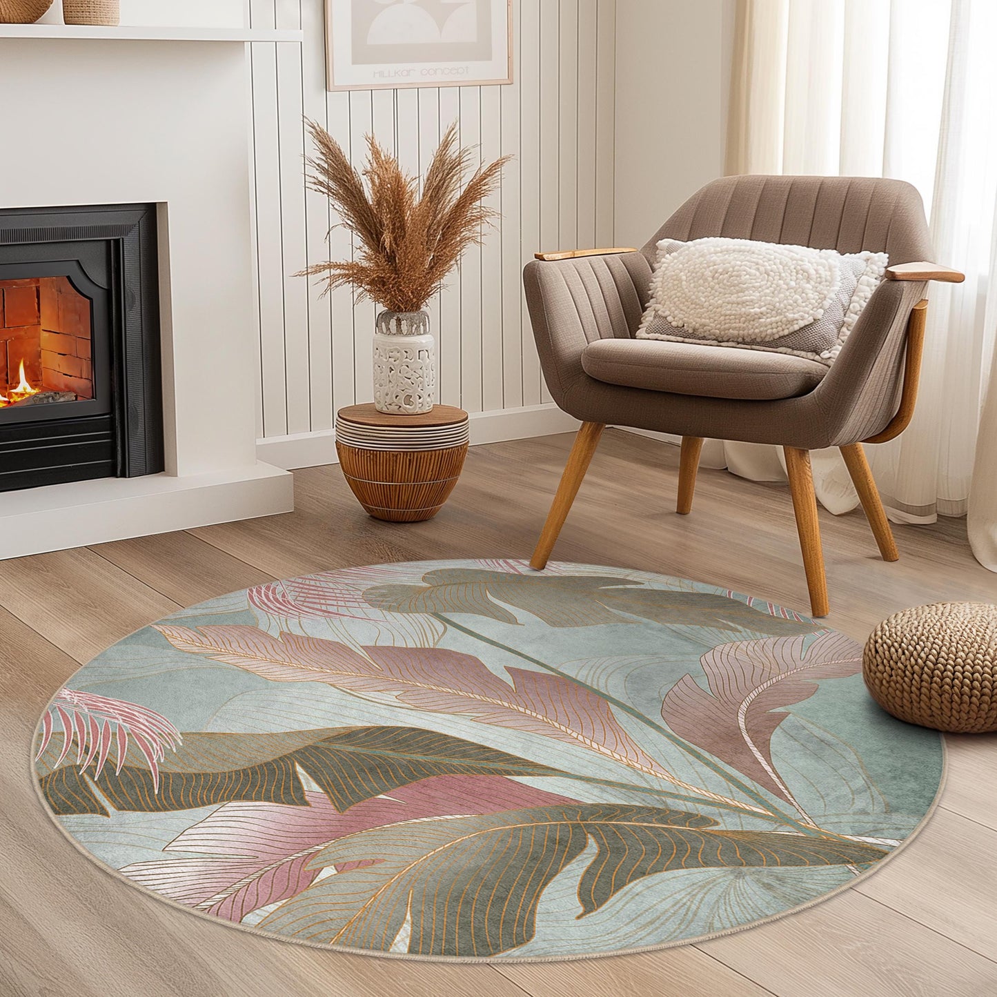 Elegant Round Leaf Pattern Rug | Soft Cotton Area Carpet | Stylish Home Decor | Botanical Themed Round Mat