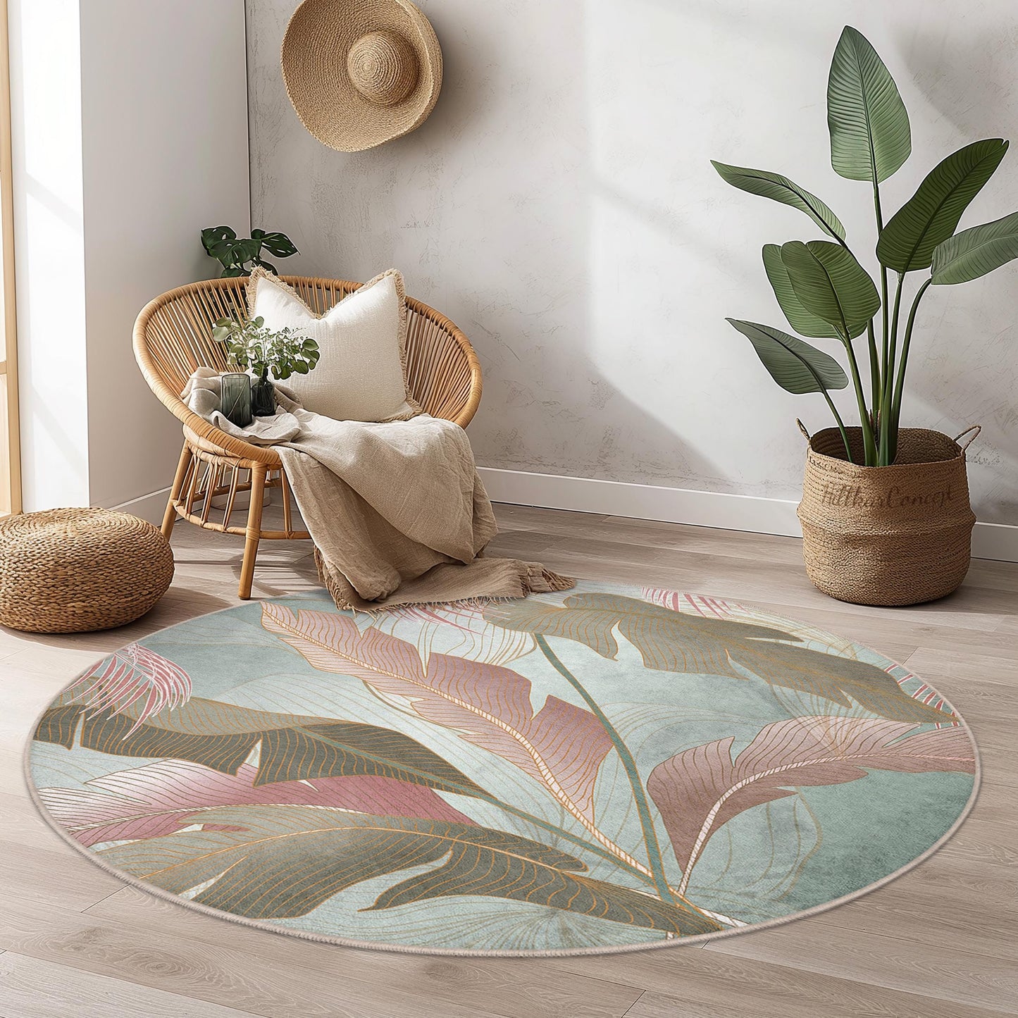 Elegant Round Leaf Pattern Rug | Soft Cotton Area Carpet | Stylish Home Decor | Botanical Themed Round Mat