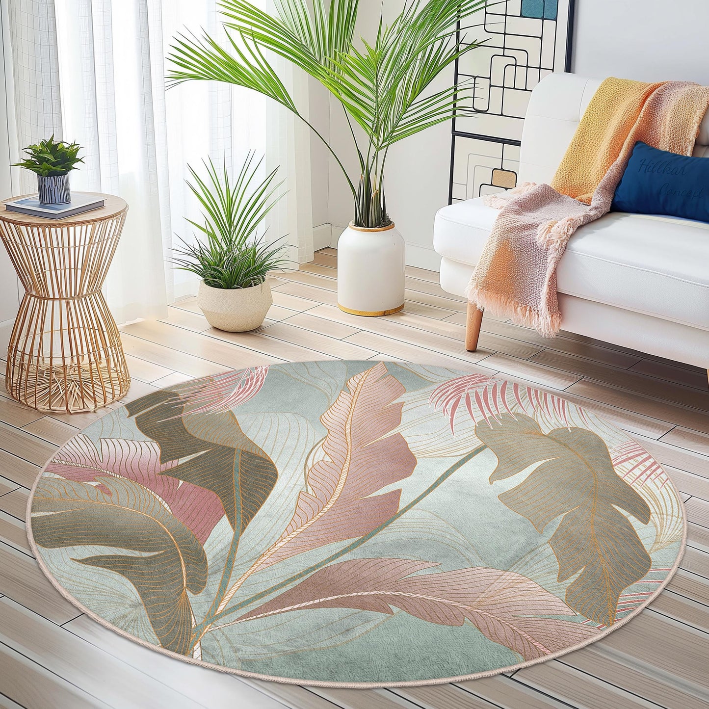 Elegant Round Leaf Pattern Rug | Soft Cotton Area Carpet | Stylish Home Decor | Botanical Themed Round Mat